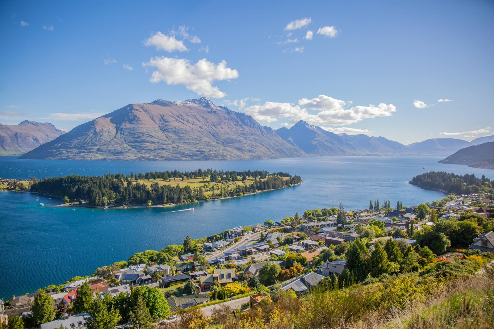 New Zealand lakeside city with mountain landscape